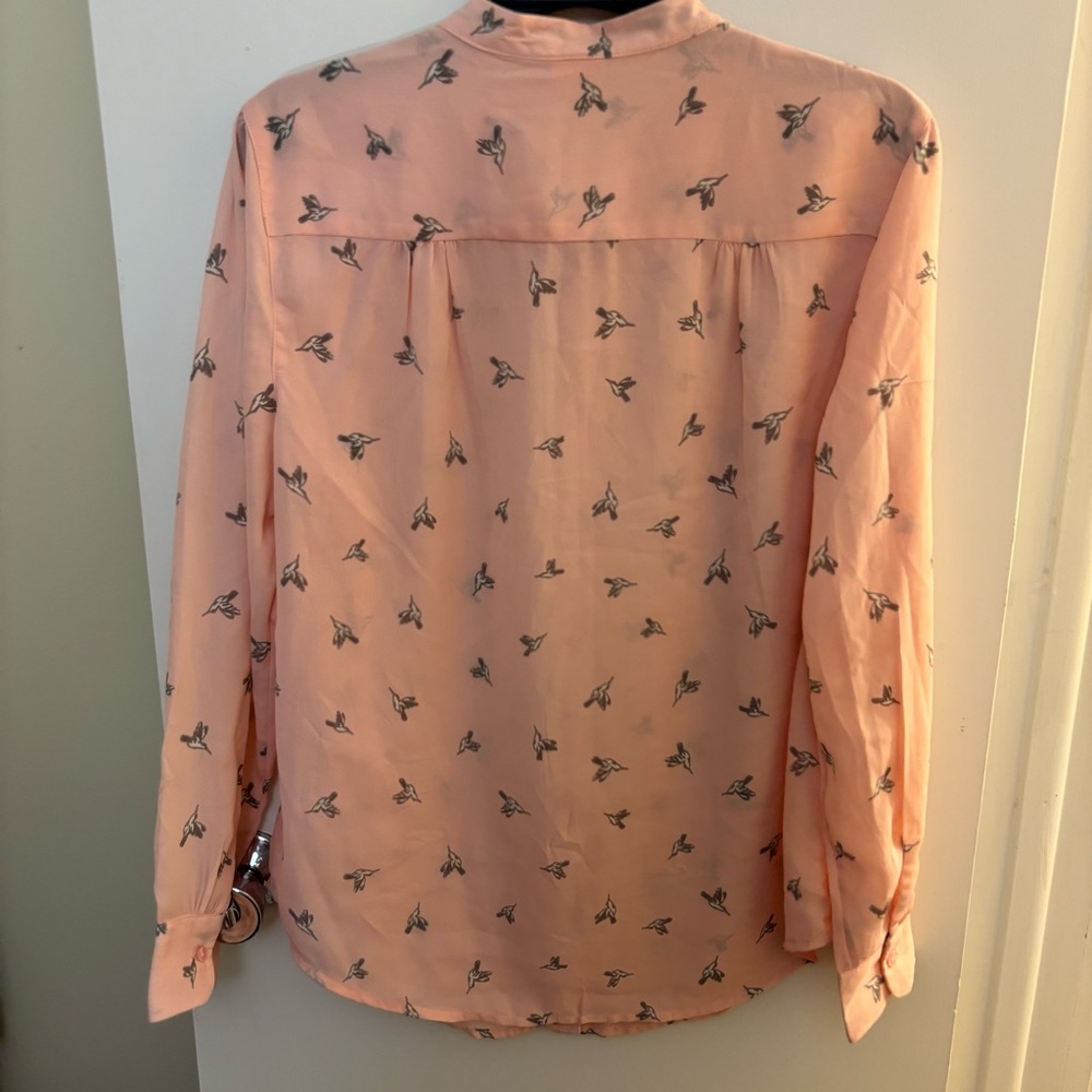 Hummingbird Pattern Pink Faded Glory Sz M long sleeve blouse Boho chic office - Picture 6 of 8
